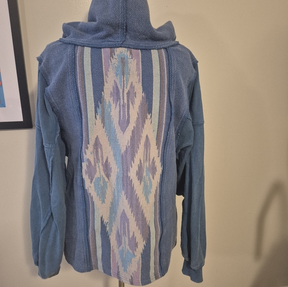 FREE PEOPLE Blue Hooded Baja Pullover poncho Like New Oversized  Hippie Boho - Picture 8 of 14